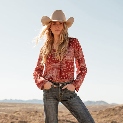 Red Bandana Patchwork Blouse Women