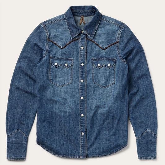 Piped Dark Denim Western Shirt Women