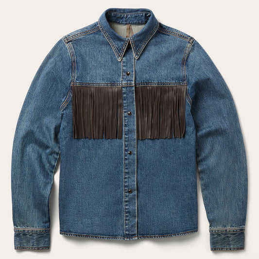 Leather Fringe Denim Shirt Women