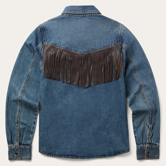 Leather Fringe Denim Shirt Women