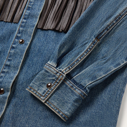 Leather Fringe Denim Shirt Women