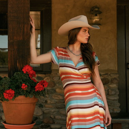 Sunset Serape Print Rayon Herringbone Wrap Front Dress Women