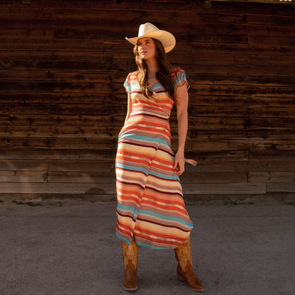 Sunset Serape Print Rayon Herringbone Wrap Front Dress Women