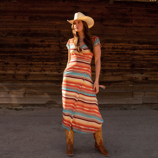 Sunset Serape Print Rayon Herringbone Wrap Front Dress Women