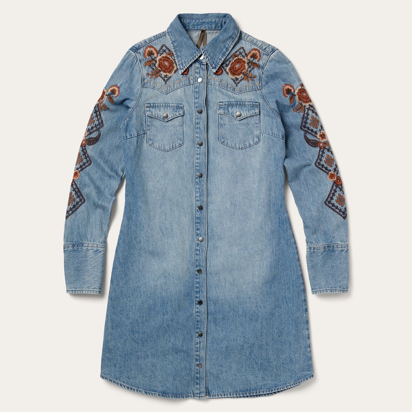 Floral Embroidered Denim Shirt Dress Women