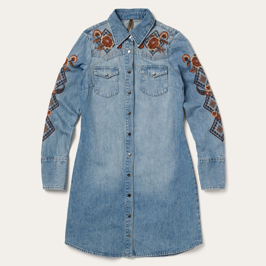 Floral Embroidered Denim Shirt Dress Women