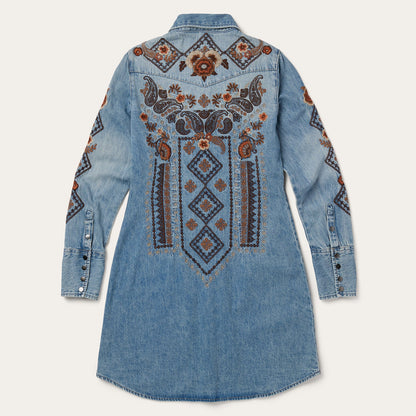 Floral Embroidered Denim Shirt Dress Women