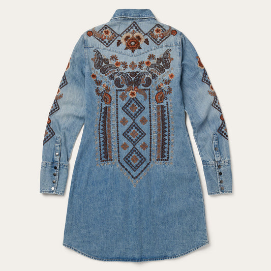 Floral Embroidered Denim Shirt Dress Women