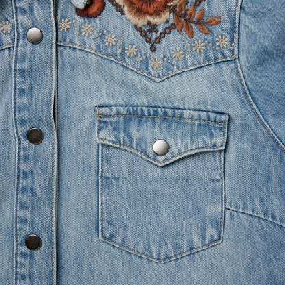 Floral Embroidered Denim Shirt Dress Women