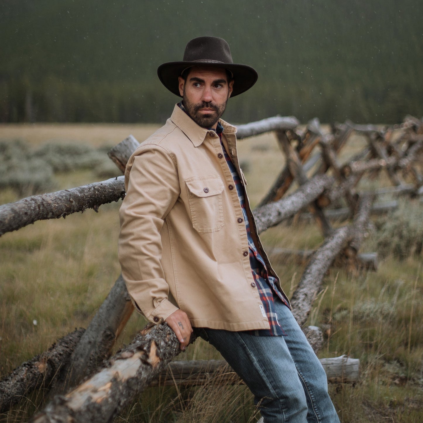 Camel Stretch Canvas Shirt Jacket Mens