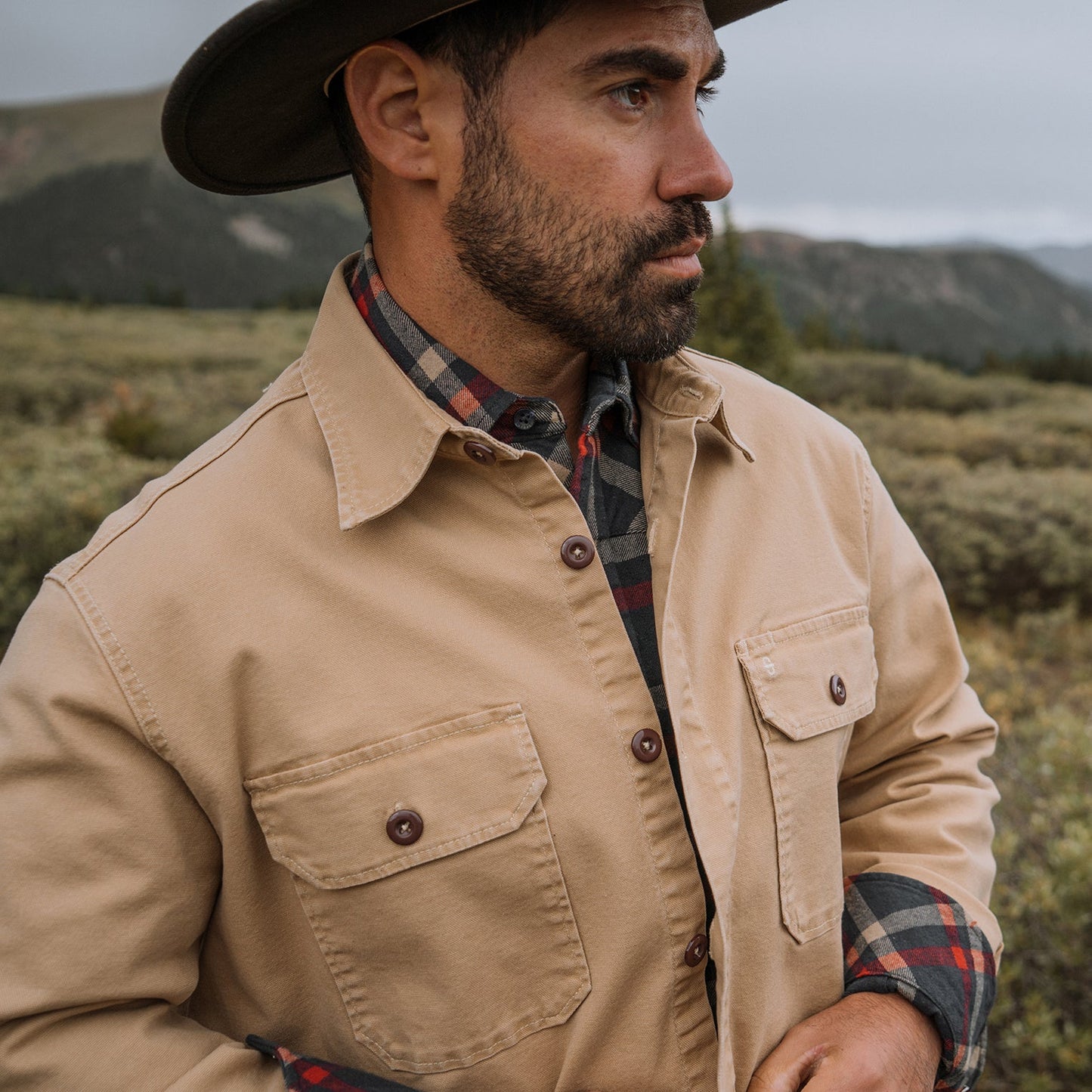 Camel Stretch Canvas Shirt Jacket Mens