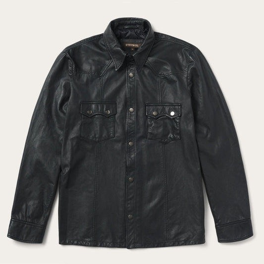 Leather Western Shirt Jacket Mens Black