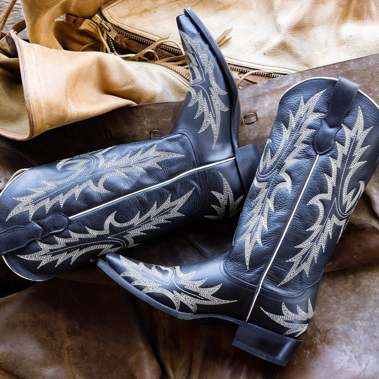 Tina Black & White Flame Embroidered Cowboy Boot Women