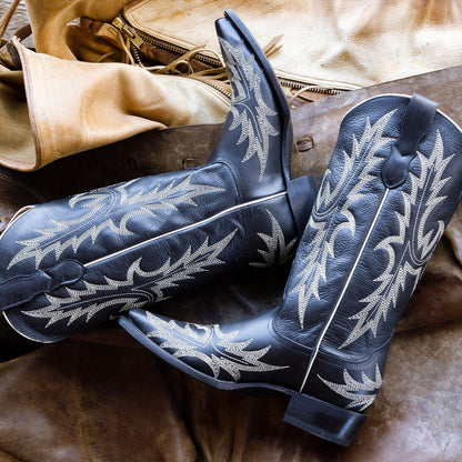 Tina Black & White Flame Embroidered Cowboy Boot Women