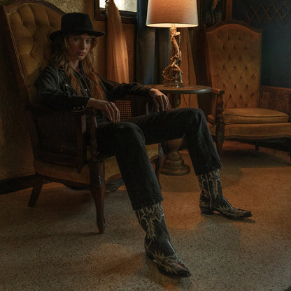 Tina Black & White Flame Embroidered Cowboy Boot Women