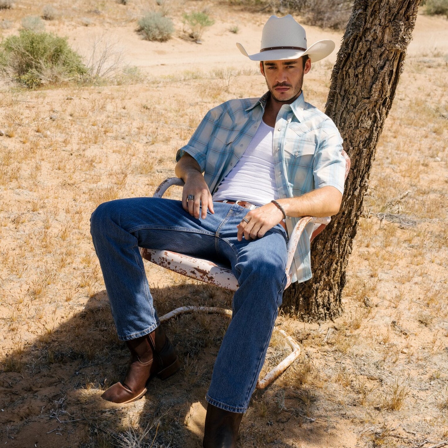 Ombre Plaid Short Sleeve Western Shirt Men