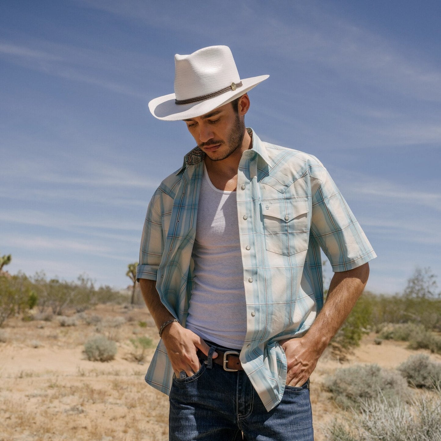 Ombre Plaid Short Sleeve Western Shirt Men
