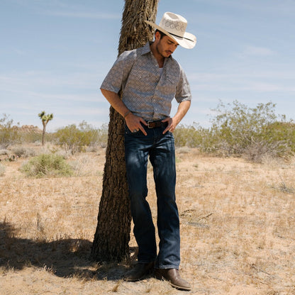Navy Print Short Sleeve Western Shirt Men
