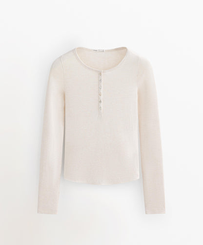 Long-sleeve button rib T-shirt with cotton and modal