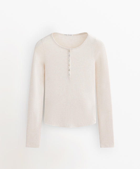 Long-sleeve button rib T-shirt with cotton and modal
