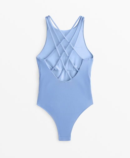 Crossover strap piqu¨¦ halterneck swimsuit