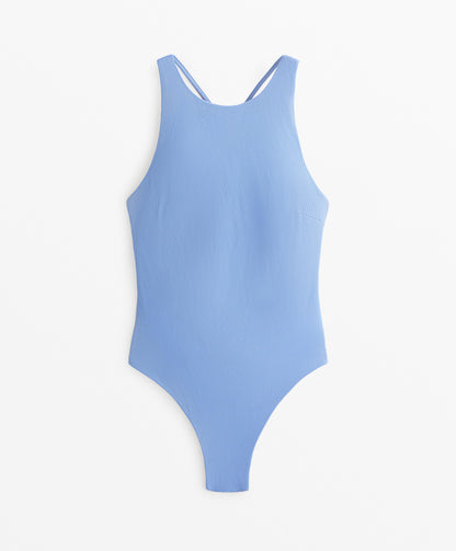 Crossover strap piqu¨¦ halterneck swimsuit