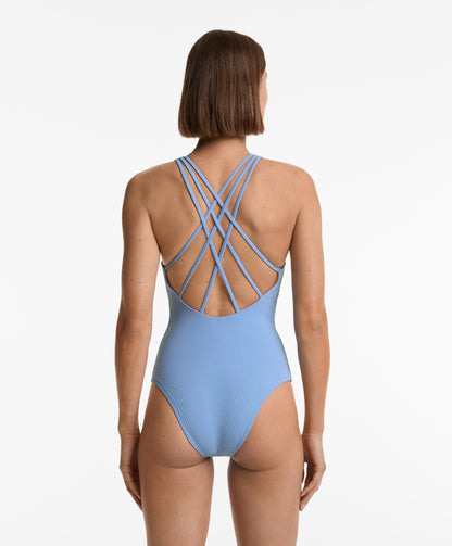 Crossover strap piqu¨¦ halterneck swimsuit