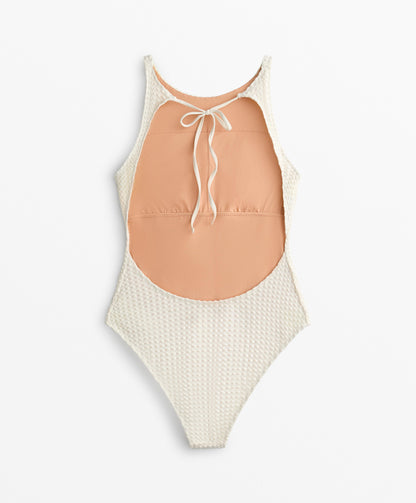 Bubble-texture crochet halterneck swimsuit