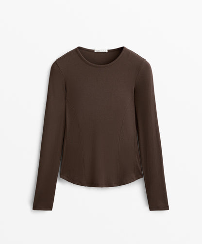 Long sleeve rib T-shirt with cotton and modal