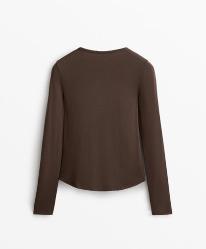 Long sleeve rib T-shirt with cotton and modal