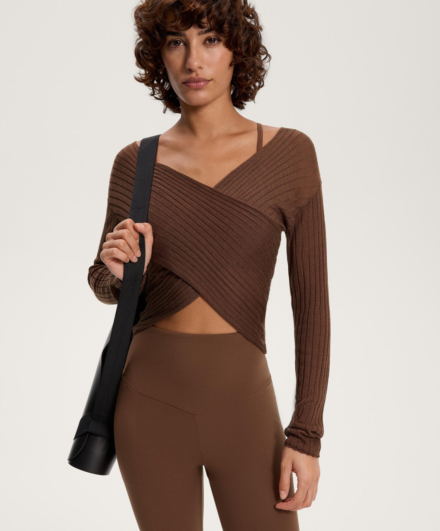 Semi-sheer fine knit rib crossover jumper