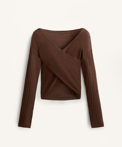 Semi-sheer fine knit rib crossover jumper