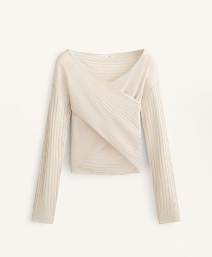 Semi-sheer fine knit rib crossover jumper