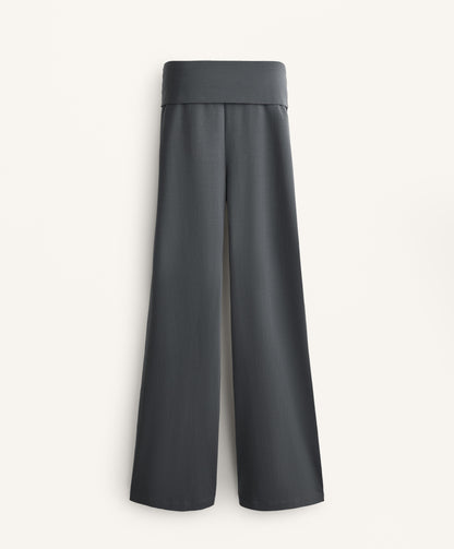 Turn-up waist flare leg cotton blend trousers