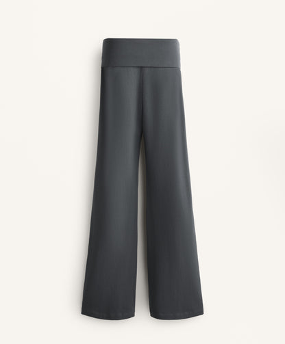 Turn-up waist flare leg cotton blend trousers