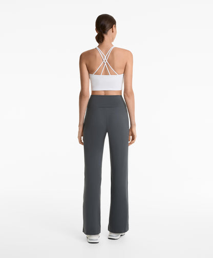 Turn-up waist flare leg cotton blend trousers