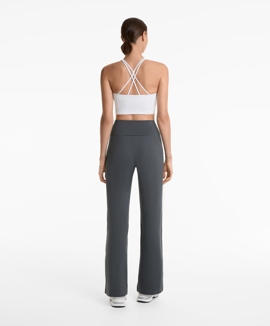 Turn-up waist flare leg cotton blend trousers