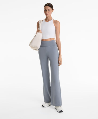 Turn-up waist flare leg cotton blend trousers