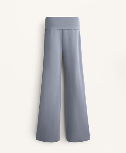 Turn-up waist flare leg cotton blend trousers