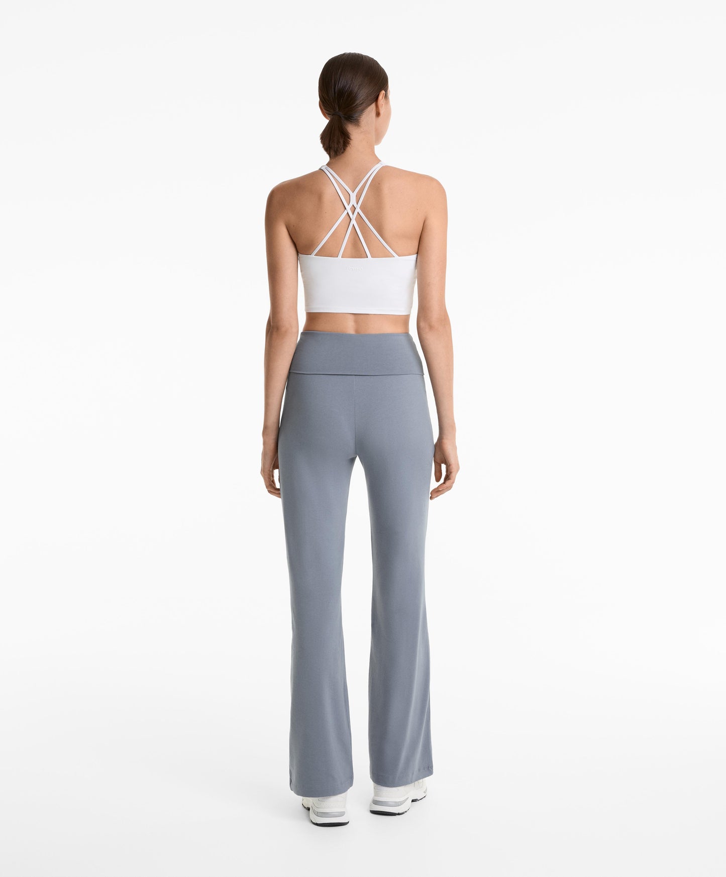 Turn-up waist flare leg cotton blend trousers