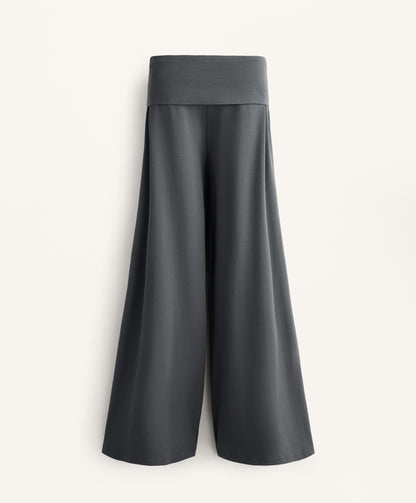 Cotton blend palazzo trousers with turn-over waistband