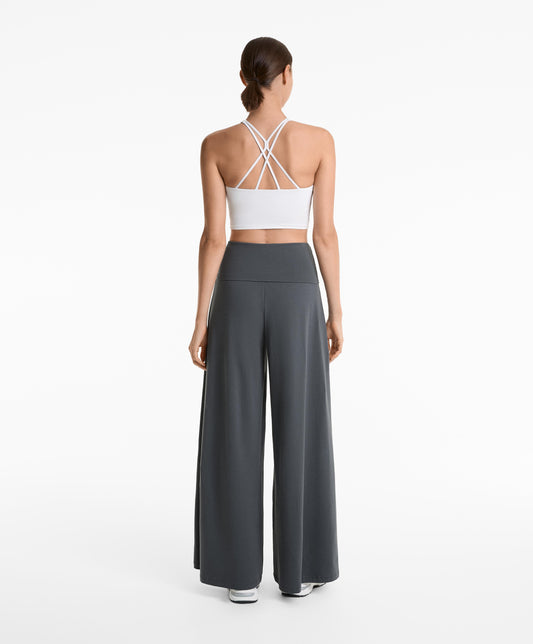 Cotton blend palazzo trousers with turn-over waistband