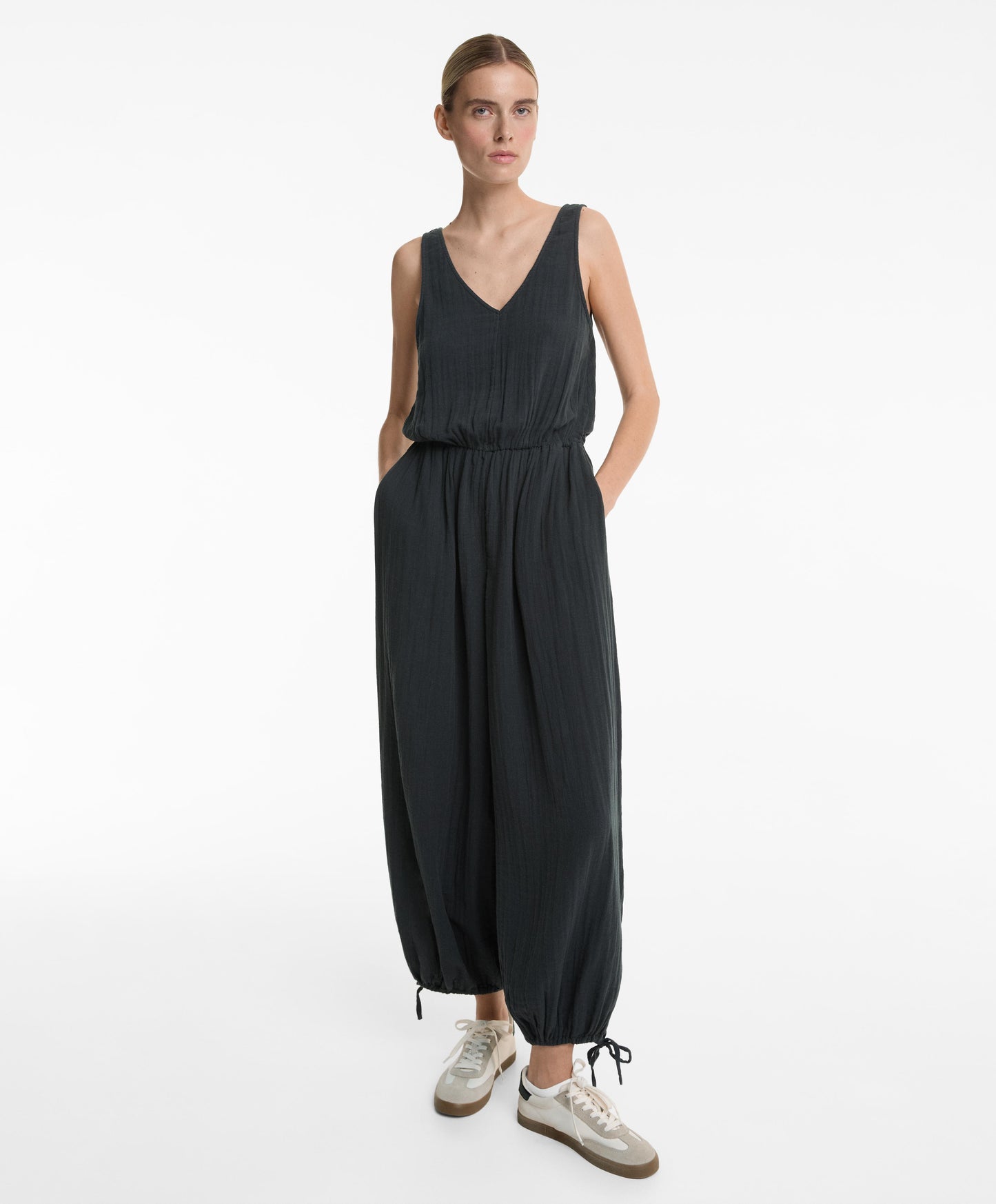 Wide balloon long jumpsuit in 100% cotton