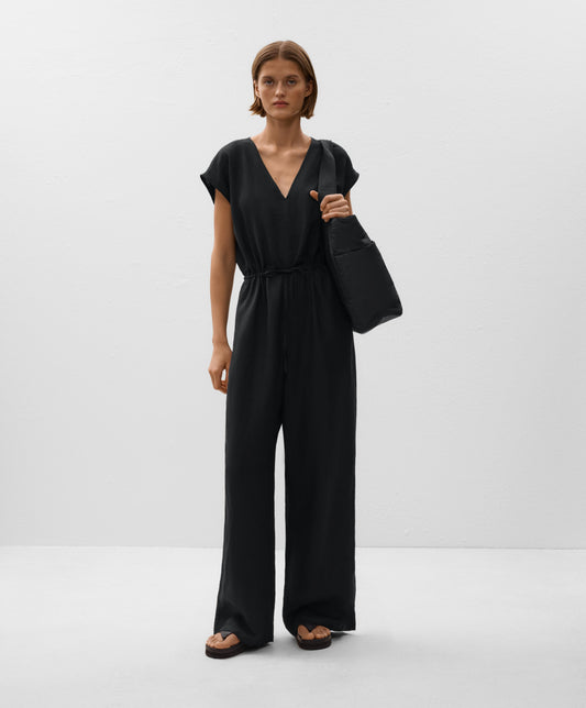 Linen blend long jumpsuit with gathered waist
