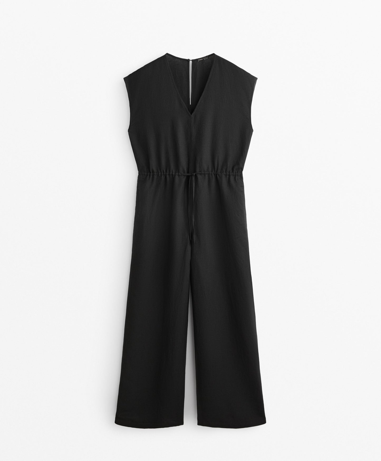 Linen blend long jumpsuit with gathered waist