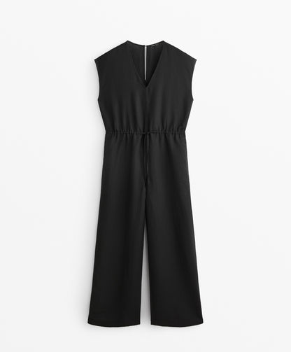 Linen blend long jumpsuit with gathered waist