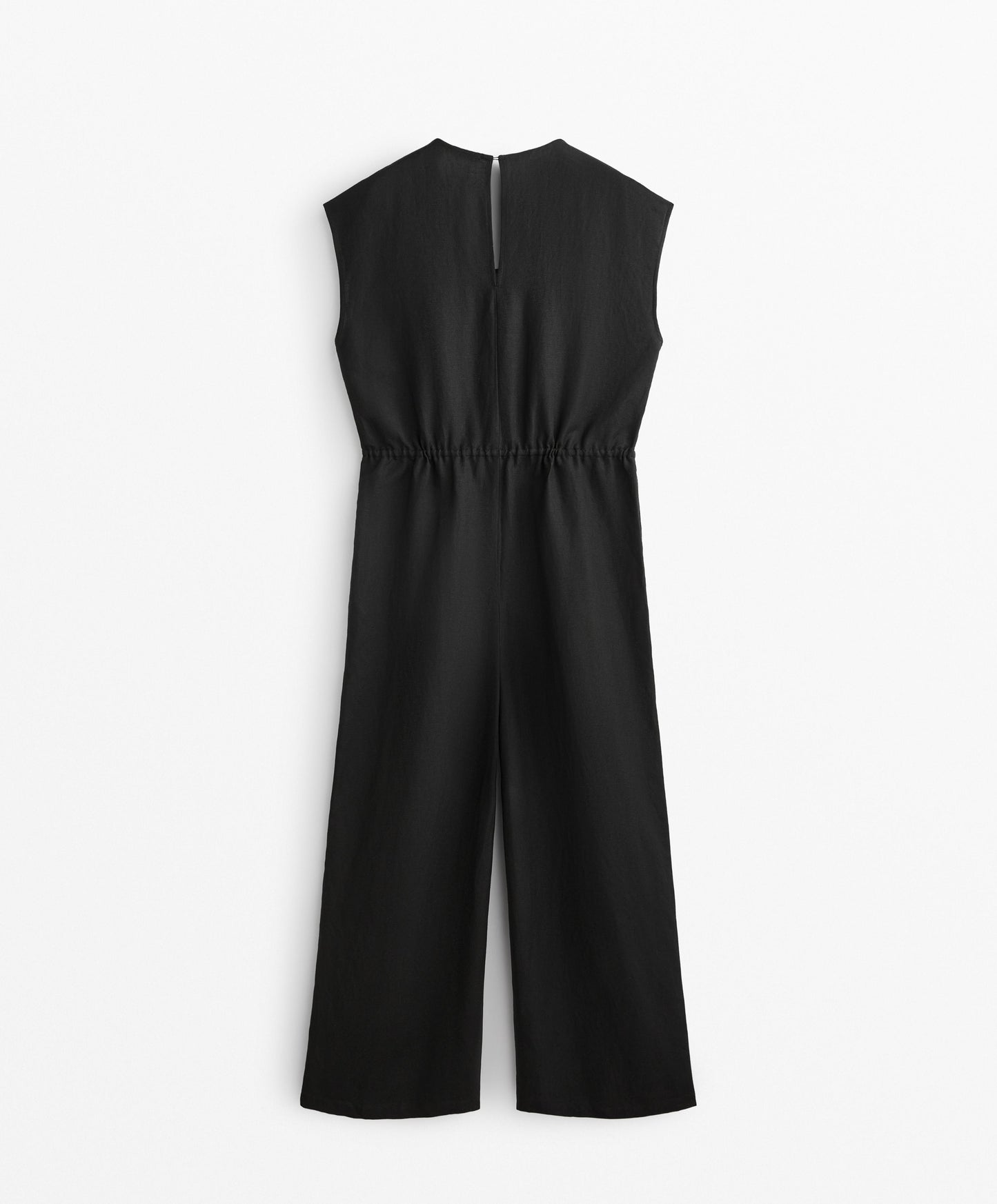 Linen blend long jumpsuit with gathered waist
