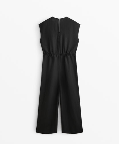 Linen blend long jumpsuit with gathered waist