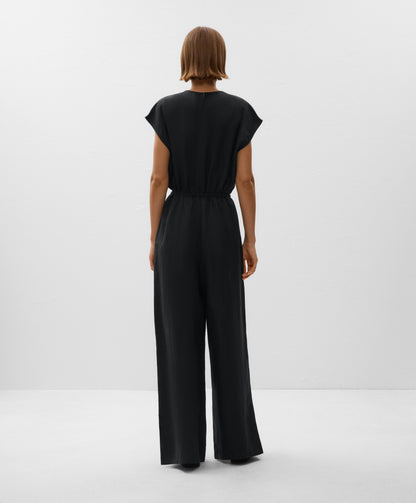 Linen blend long jumpsuit with gathered waist