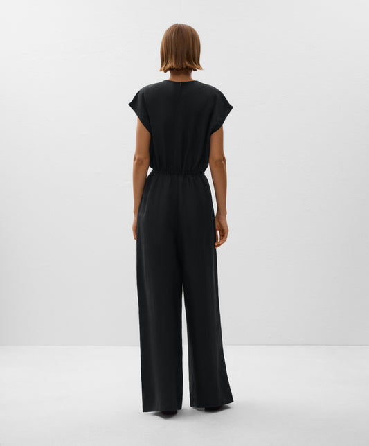 Linen blend long jumpsuit with gathered waist